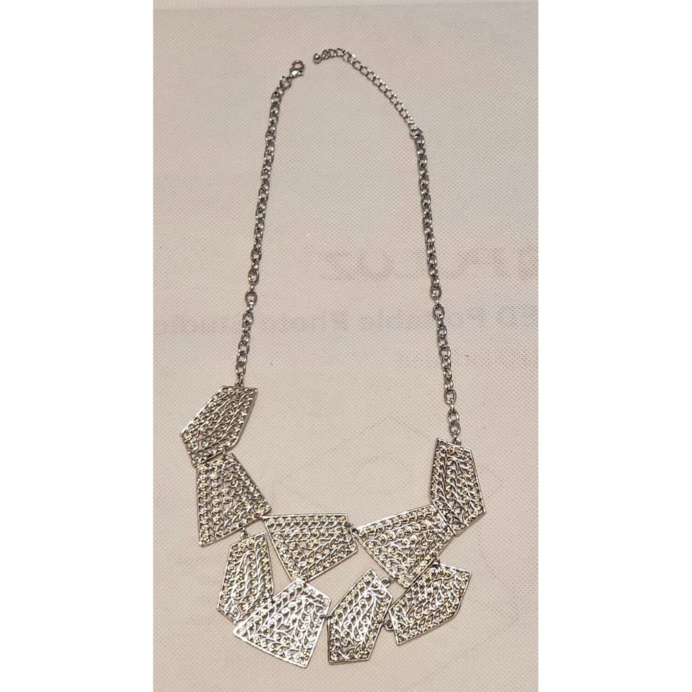 Statement Necklace Silver Geometric Filigree Part… - image 3